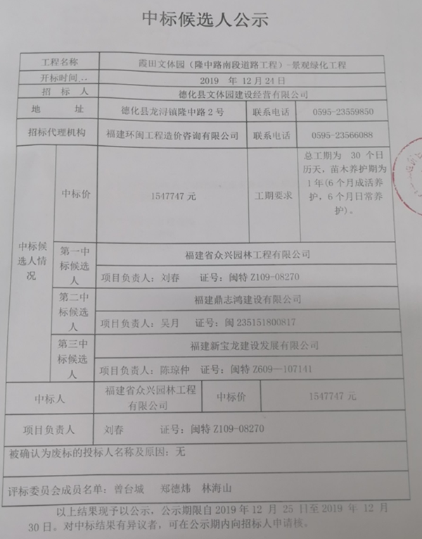 霞田文体园（隆中路南段道路工程）-景观绿化工程中标候选人公示 - 憨鼠网
