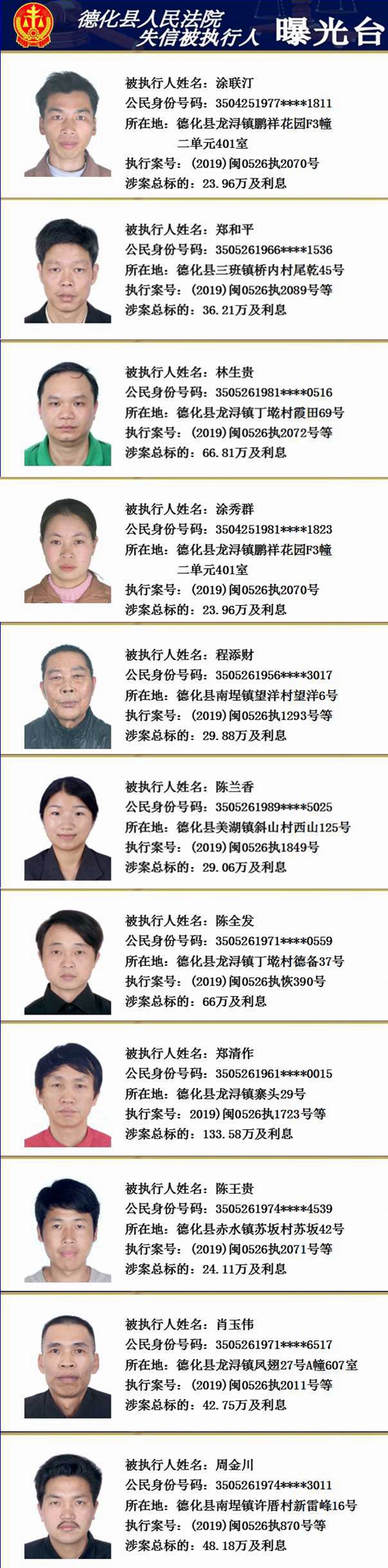 德化法院：2019年第二十六期失信被执行人名单公示 - 憨鼠网