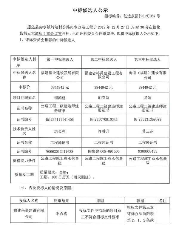 德化县赤水镇岭边村公路拓宽改造工程中标候选人公示 - 憨鼠网