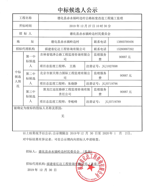 赤水镇岭边村公路拓宽改造工程施工监理中标候选人公示 - 憨鼠网
