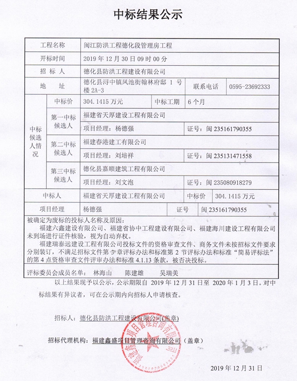 闽江防洪工程德化段管理房工程中标结果公示 - 憨鼠网