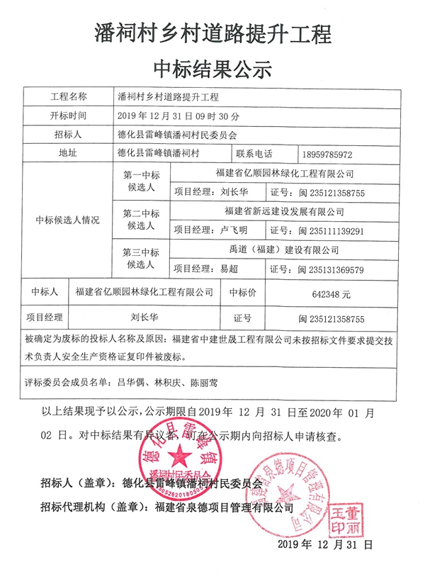 雷峰镇潘祠村乡村道路提升工程中标结果公示 - 憨鼠网