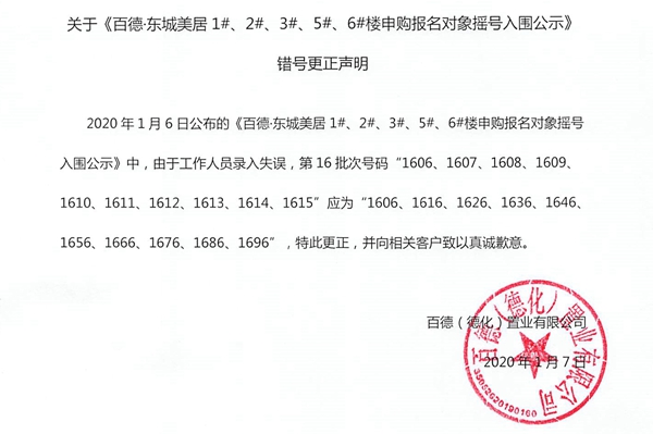 关于《百德·东城美居1#、2#、3#、5#、6#楼申购报名对象摇号入围公示》错号更正声明 - 憨鼠网