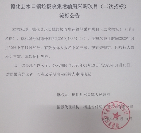 德化县水口镇垃圾收集运输船采购项目（二次招标）流标公告 - 憨鼠网