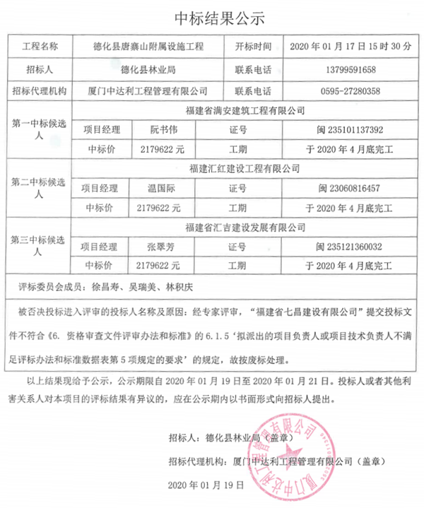 德化县唐寨山附属设施工程中标结果公示 - 憨鼠网