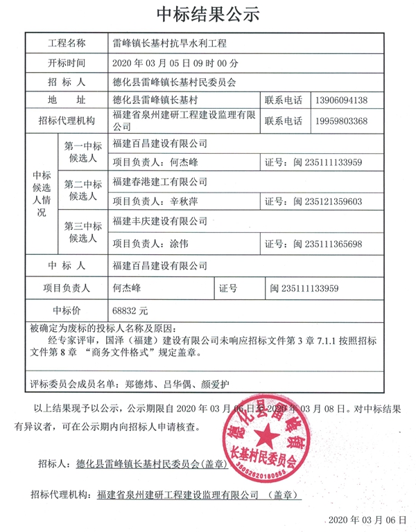 雷峰镇长基村抗旱水利工程中标结果公示 - 憨鼠网