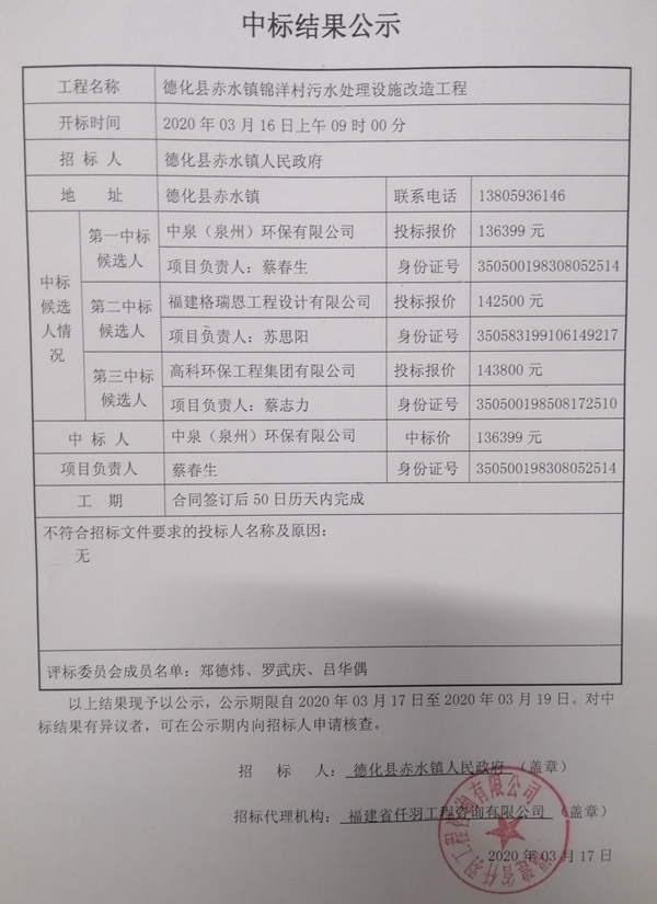 德化县赤水镇锦洋村污水处理设施改造工程中标结果公示 - 憨鼠网