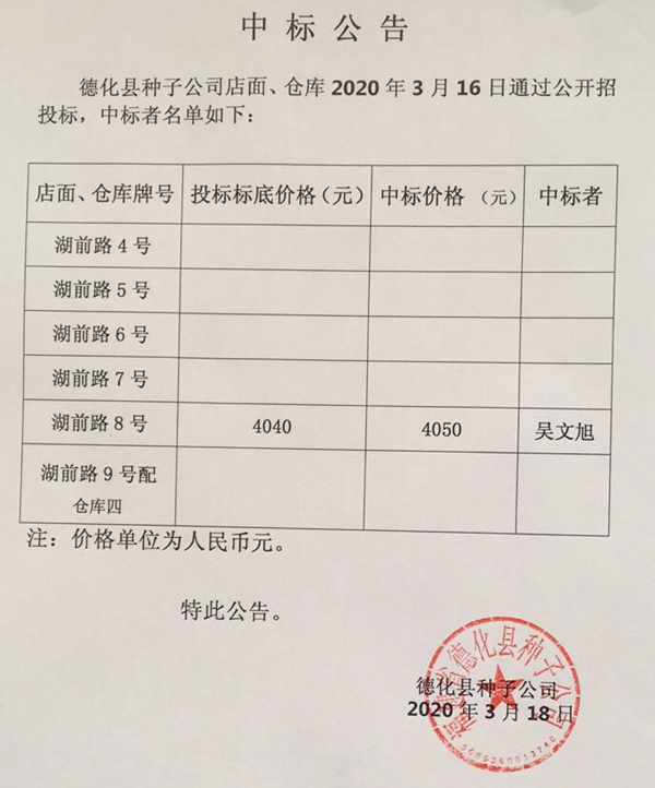 湖前路沿街店面8号租赁权中标结果公示 - 憨鼠网