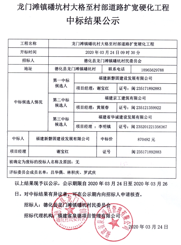 龙门滩镇磻坑村大格至村部道路扩宽硬化工程中标结果公示 - 憨鼠网