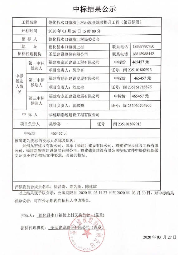 德化县水口镇榜上村沿溪景观带提升工程（第四标段）中标结果公示 - 憨鼠网