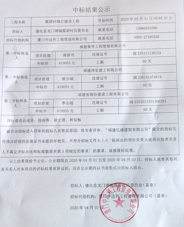 霞碧村路灯建设工程中标结果公示 - 憨鼠网