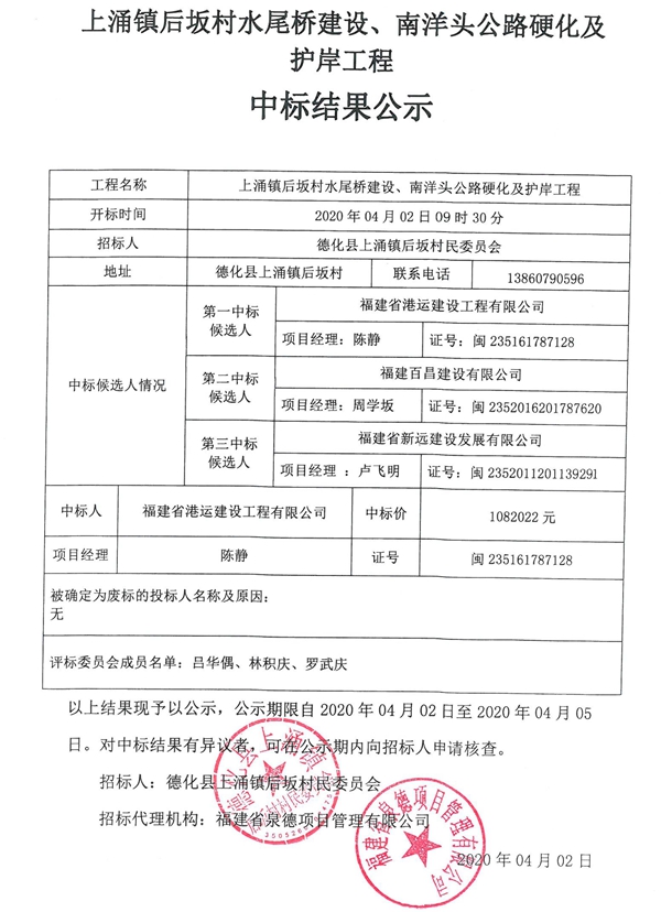 上涌镇后坂村水尾桥建设、南洋头公路硬化及护岸工程中标结果公示 - 憨鼠网