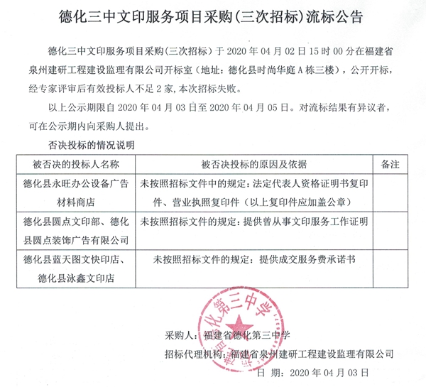 德化三中文印服务项目采购（三次招标）流标公告 - 憨鼠网