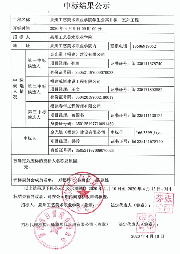 泉州工艺美术职业学院学生公寓D栋--室外工程中标结果公示 - 憨鼠网