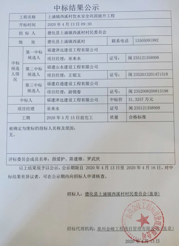 上涌镇西溪村饮水安全巩固提升工程中标结果公示 - 憨鼠网