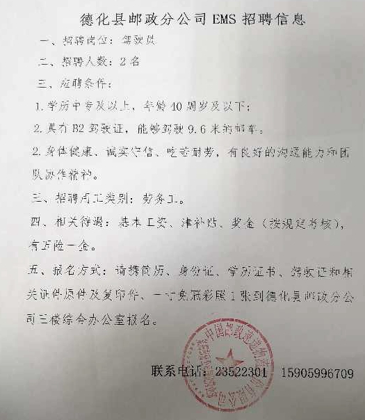 德化县邮政分公司EMS招聘信息 - 憨鼠网