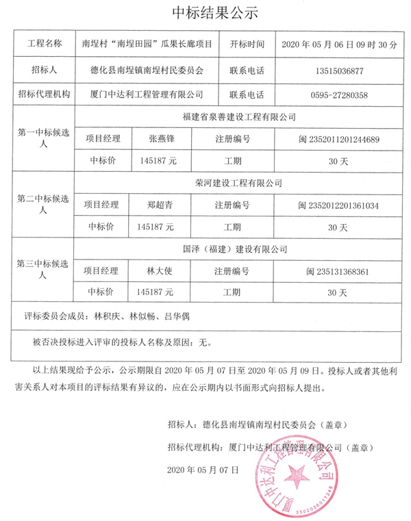 南埕村“南埕田园”瓜果长廊项目中标结果公示 - 憨鼠网