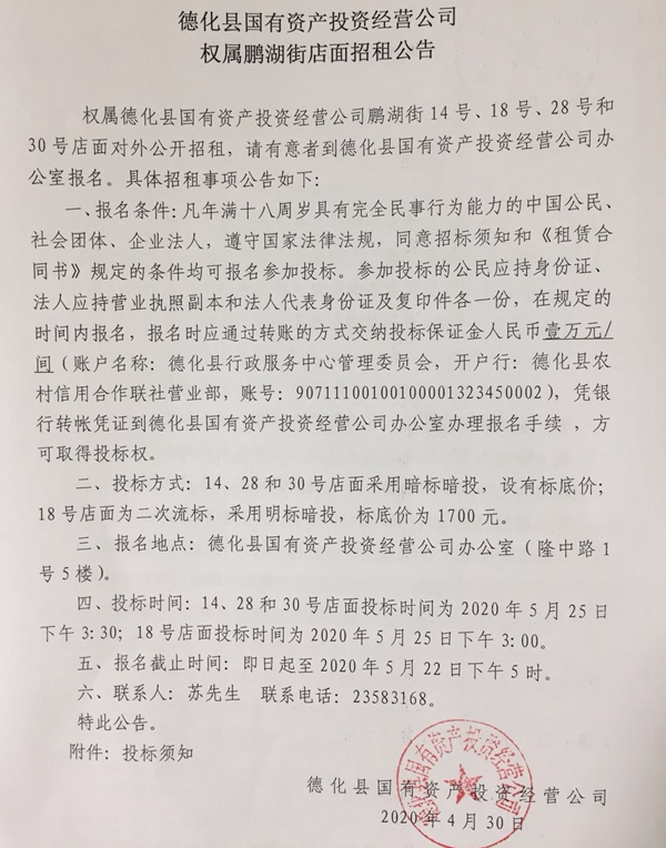 德化县国有资产投资经营公司权属鹏湖街店面招租公告 - 憨鼠网