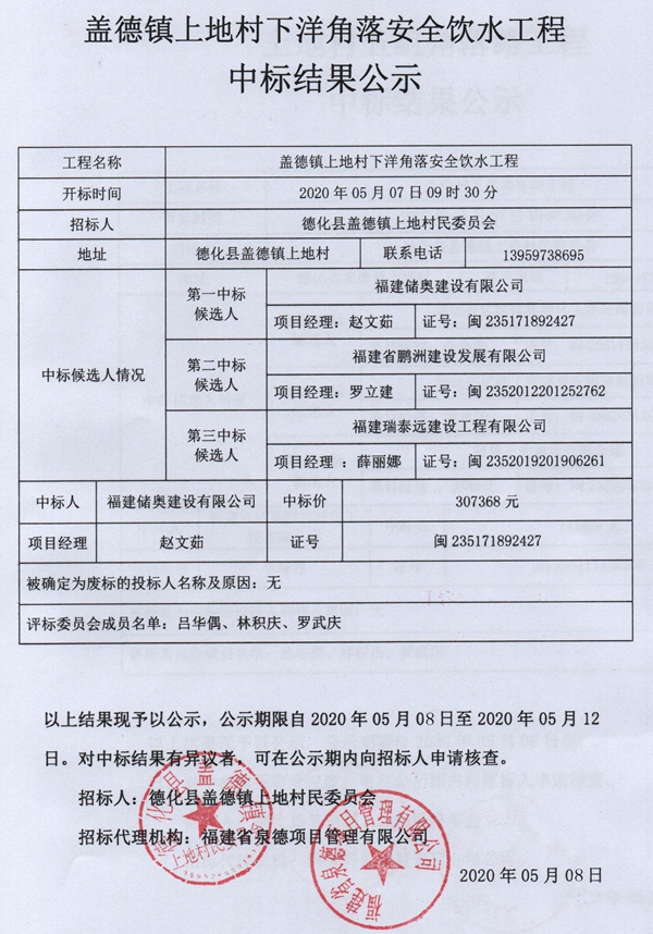 盖德镇上地村下洋角落安全饮水工程中标结果公示 - 憨鼠网