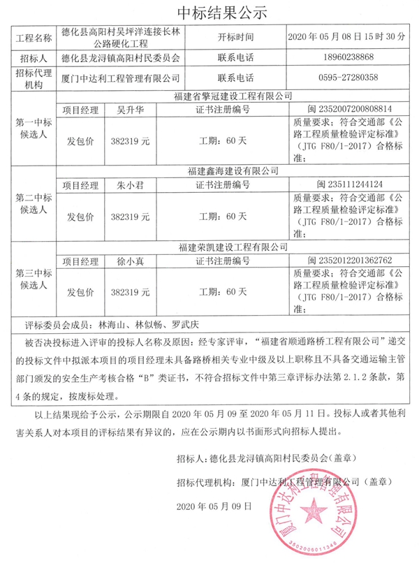 德化县高阳村吴坪洋连接长林公路硬化工程中标结果公示 - 憨鼠网