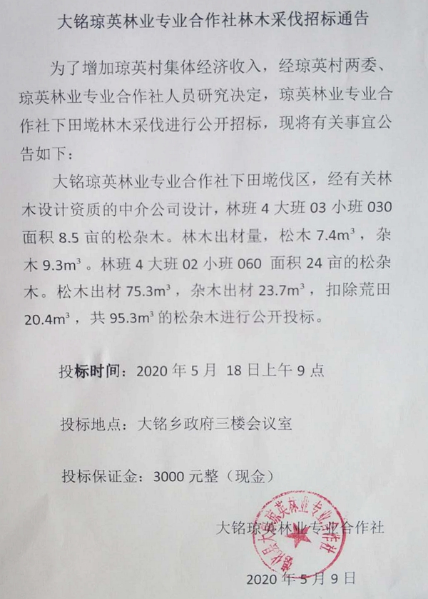 大铭琼英林业专业合作社林木采伐招标通告 - 憨鼠网
