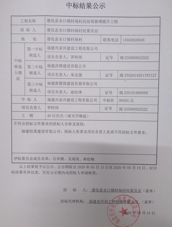 德化县水口镇村场村民俗馆修缮提升工程中标结果公示 - 憨鼠网