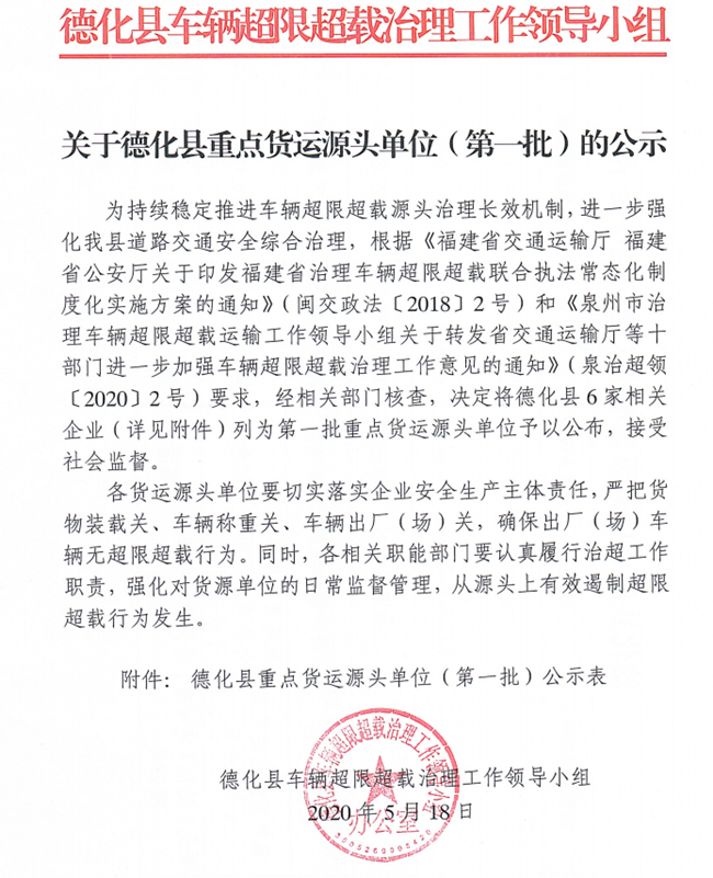 关于德化县重点货运源头单位（第一批）的公示 - 憨鼠网