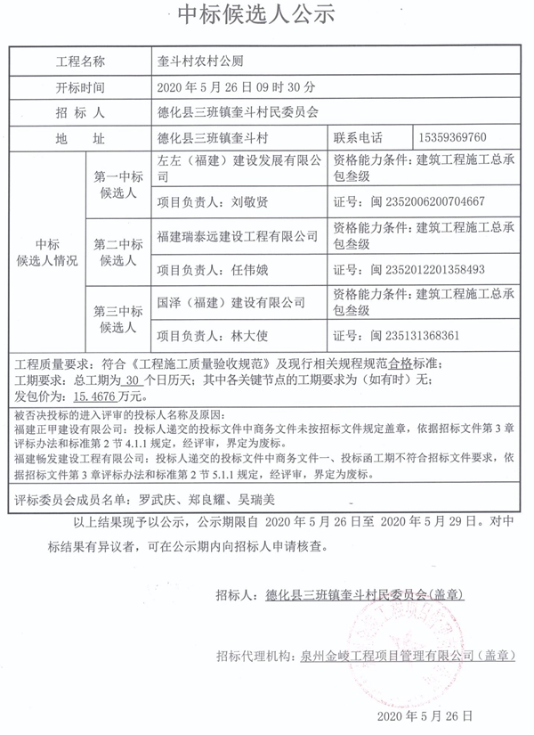 奎斗村农村公厕中标候选人公示 - 憨鼠网