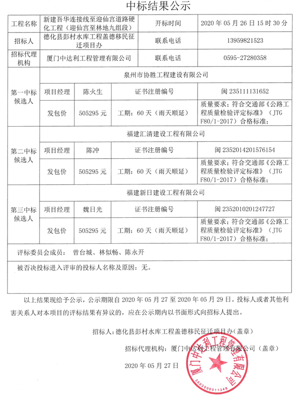 新建吾华连接线至迎仙宫道路硬化工程（迎仙宫至林地九组段）中标结果公示 - 憨鼠网