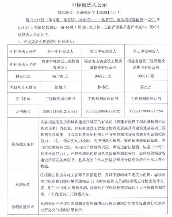霞田文体园（体育场、体育馆、游泳馆）——体育馆、游泳馆桩基检测中标候选人公示 - 憨鼠网