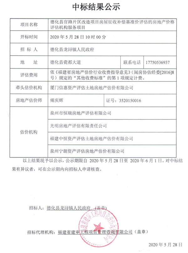 德化县官路片区改造项目房屋征收补偿基准价评估的房地产价格评估机构服务项目中标结果公示 - 憨鼠网