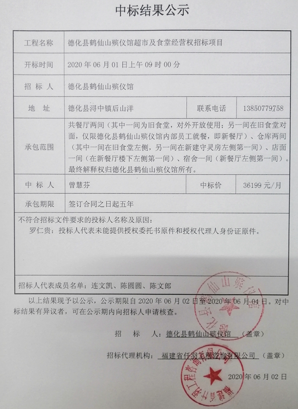 德化县鹤仙山殡仪馆超市及食堂经营权招标项目中标结果公示 - 憨鼠网