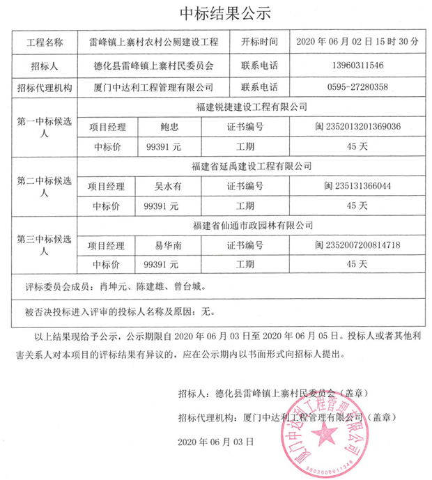 雷峰镇上寨村农村公厕建设工程中标结果公示 - 憨鼠网