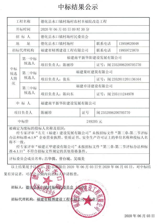 德化县水口镇村场村农村幸福院改造工程中标结果公示 - 憨鼠网