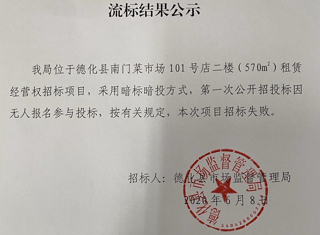 南门菜市场101号店二楼租赁权流标结果公示 - 憨鼠网