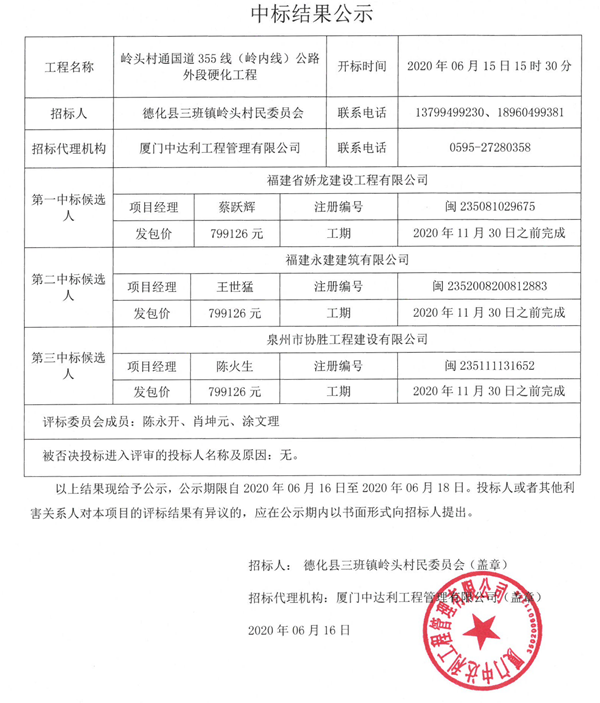 岭头村通国道355线（岭内线）公路外段硬化工程中标结果公示 - 憨鼠网