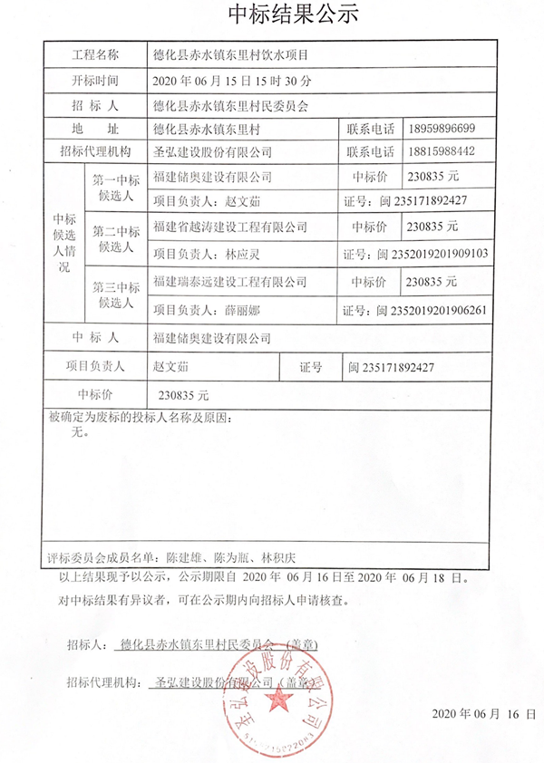 德化县赤水镇东里村饮水项目中标结果公示 - 憨鼠网