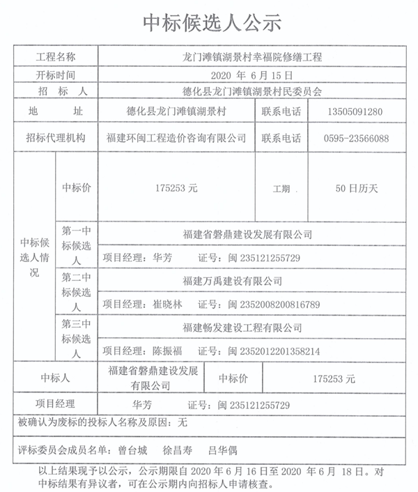 龙门滩镇湖景村幸福院修缮工程中标候选人公示 - 憨鼠网