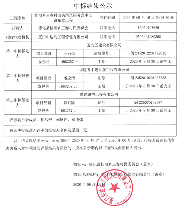 桂阳乡王春村回头湾至昭灵宫中心路拓宽工程中标结果公示 - 憨鼠网