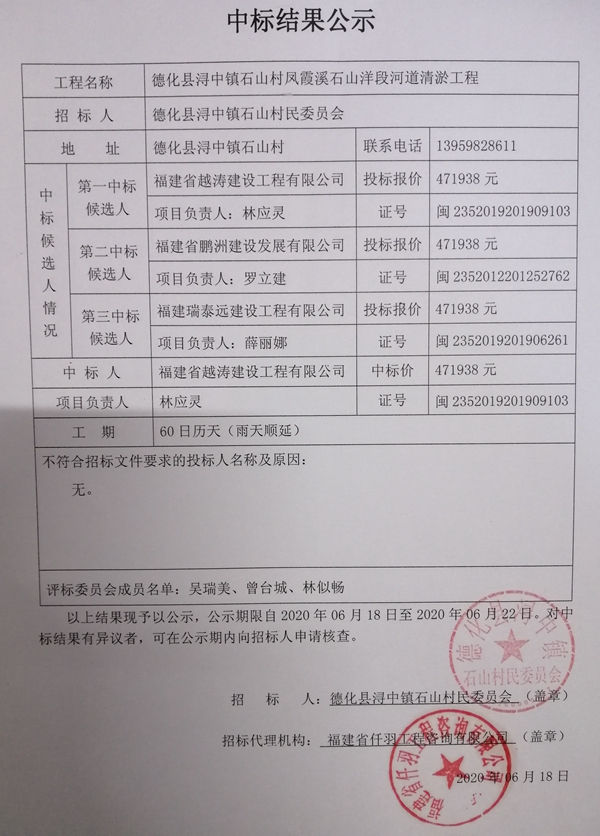 德化县浔中镇石山村凤霞溪石山洋段河道清淤工程中标结果公示 - 憨鼠网