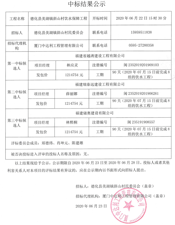 德化县美湖镇斜山村饮水保障工程中标结果公示 - 憨鼠网