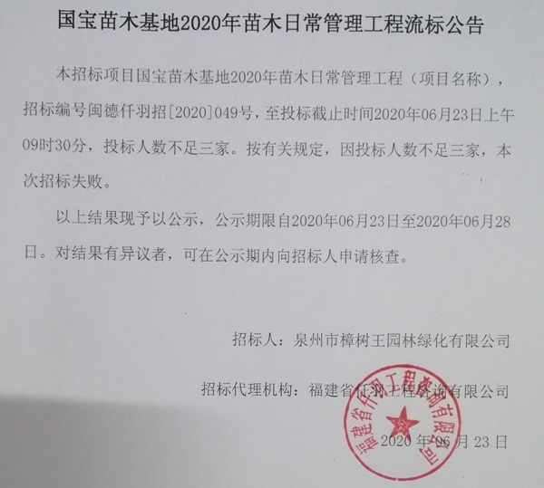 国宝苗木基地2020年苗木日常管理工程流标公告 - 憨鼠网
