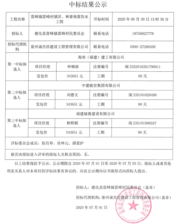 雷峰镇雷峰村镇区、林厝角落饮水工程中标结果公示 - 憨鼠网