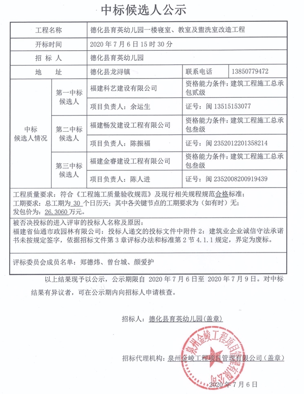 德化县育英幼儿园一楼寝室、教室及盥洗室改造工程中标候选人公示 - 憨鼠网