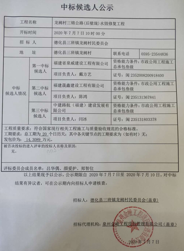 龙阙村三锦公路（后壁垅）水毁修复工程中标候选人公示 - 憨鼠网