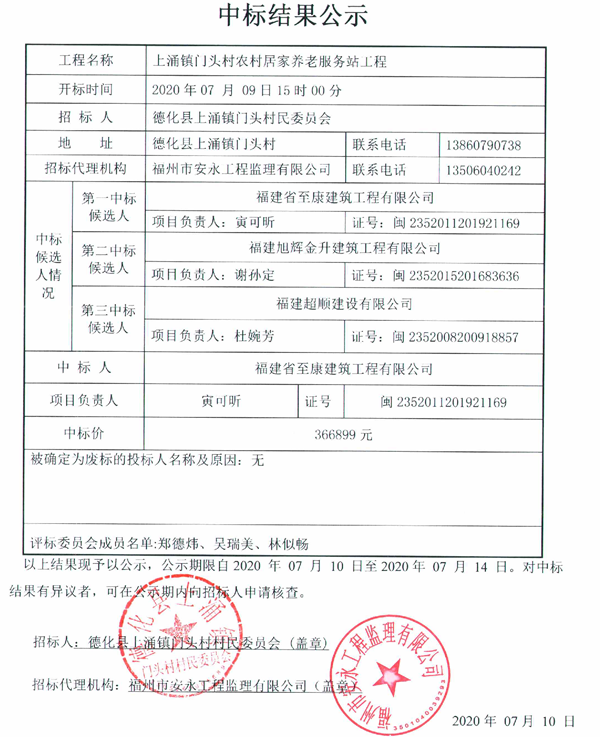 上涌镇门头村农村居家养老服务站工程中标结果公示 - 憨鼠网