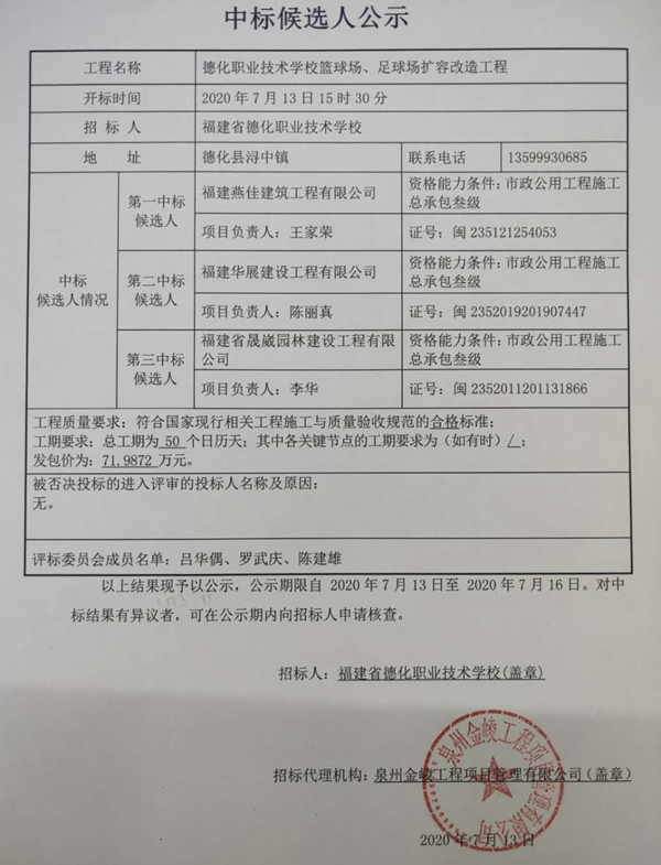 德化职业技术学校篮球场、足球场扩容改造工程中标候选人公示 - 憨鼠网