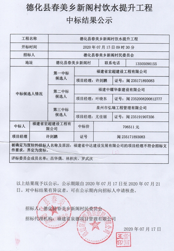 德化县春美乡新阁村饮水提升工程中标结果公示 - 憨鼠网