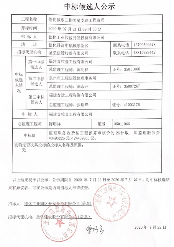 德化城东三期零星支路工程监理中标候选人公示 - 憨鼠网
