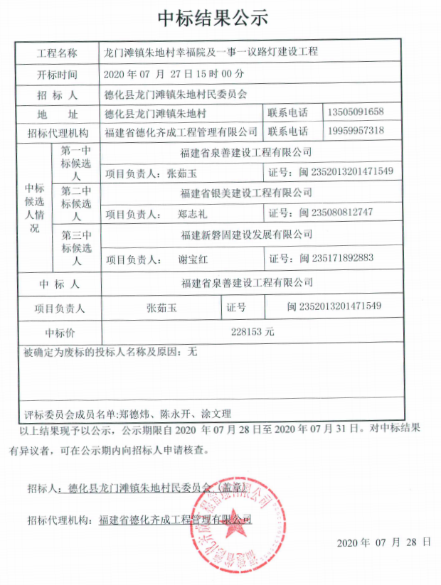 龙门滩镇朱地村幸福院及一事一议路灯建设工程中标结果公示 - 憨鼠网